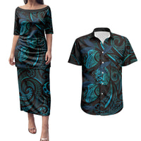 Hawaiian Mango Tribal Tattoo Couples Matching Puletasi and Hawaiian Shirt Teal Pacific Traditional Pattern LT9 Teal - Polynesian Pride