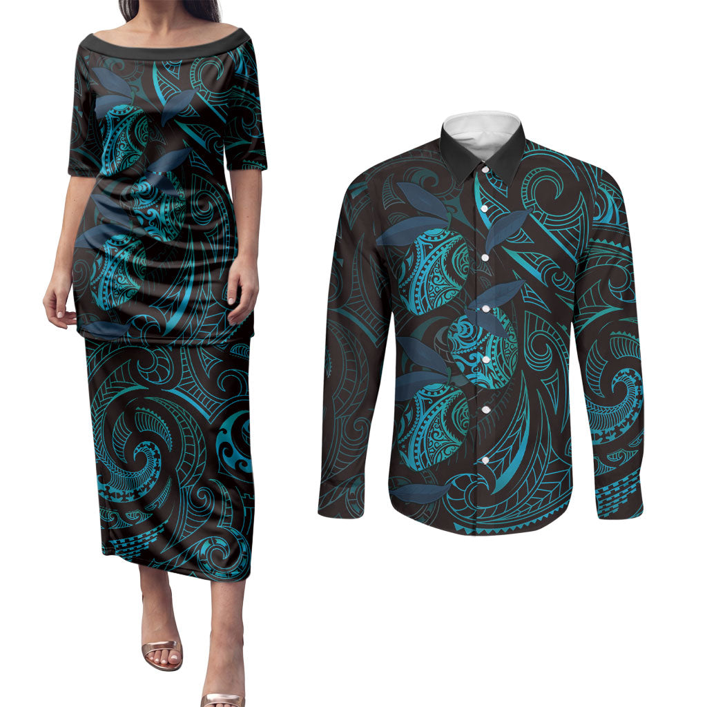 Hawaiian Mango Tribal Tattoo Couples Matching Puletasi and Long Sleeve Button Shirt Teal Pacific Traditional Pattern LT9 Teal - Polynesian Pride