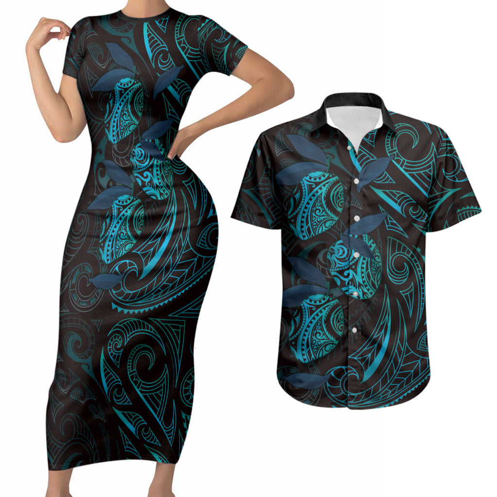 Hawaiian Mango Tribal Tattoo Couples Matching Short Sleeve Bodycon Dress and Hawaiian Shirt Teal Pacific Traditional Pattern LT9 Teal - Polynesian Pride