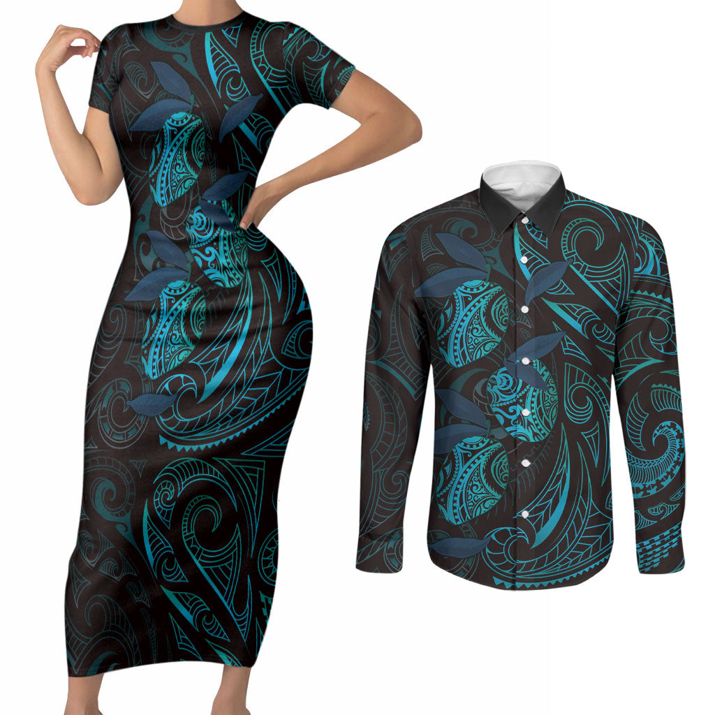 Hawaiian Mango Tribal Tattoo Couples Matching Short Sleeve Bodycon Dress and Long Sleeve Button Shirt Teal Pacific Traditional Pattern LT9 Teal - Polynesian Pride