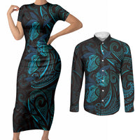Hawaiian Mango Tribal Tattoo Couples Matching Short Sleeve Bodycon Dress and Long Sleeve Button Shirt Teal Pacific Traditional Pattern LT9 Teal - Polynesian Pride