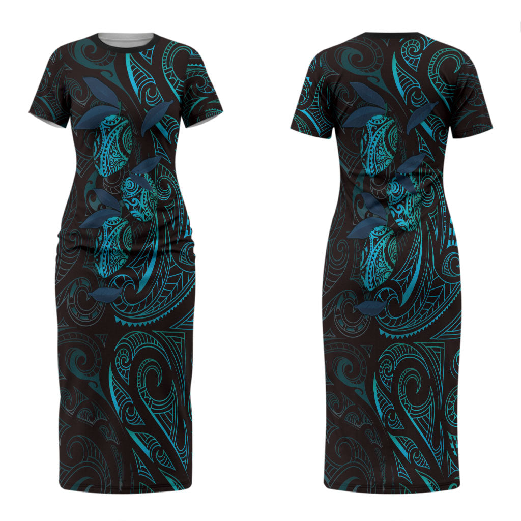 Hawaiian Mango Tribal Tattoo Couples Matching Short Sleeve Bodycon Dress and Long Sleeve Button Shirt Teal Pacific Traditional Pattern LT9 - Polynesian Pride