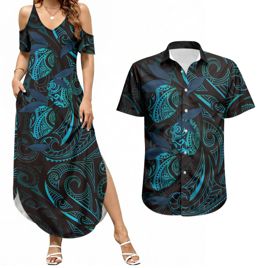 Hawaiian Mango Tribal Tattoo Couples Matching Summer Maxi Dress and Hawaiian Shirt Teal Pacific Traditional Pattern LT9 Teal - Polynesian Pride
