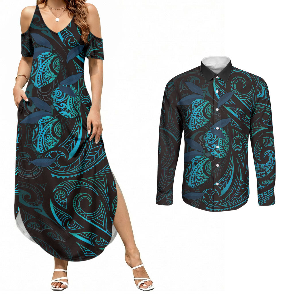Hawaiian Mango Tribal Tattoo Couples Matching Summer Maxi Dress and Long Sleeve Button Shirt Teal Pacific Traditional Pattern LT9 Teal - Polynesian Pride