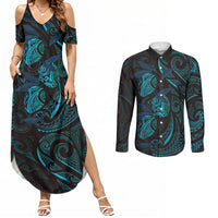 Hawaiian Mango Tribal Tattoo Couples Matching Summer Maxi Dress and Long Sleeve Button Shirt Teal Pacific Traditional Pattern LT9 Teal - Polynesian Pride