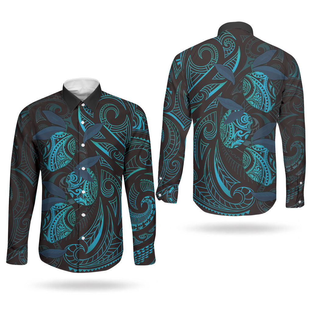 Hawaiian Mango Tribal Tattoo Couples Matching Summer Maxi Dress and Long Sleeve Button Shirt Teal Pacific Traditional Pattern LT9 - Polynesian Pride