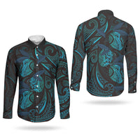 Hawaiian Mango Tribal Tattoo Couples Matching Summer Maxi Dress and Long Sleeve Button Shirt Teal Pacific Traditional Pattern LT9 - Polynesian Pride