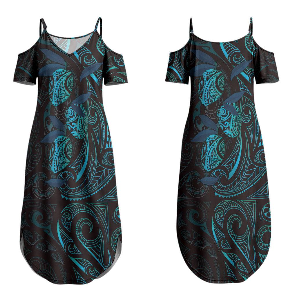 Hawaiian Mango Tribal Tattoo Couples Matching Summer Maxi Dress and Long Sleeve Button Shirt Teal Pacific Traditional Pattern LT9 - Polynesian Pride