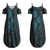 Hawaiian Mango Tribal Tattoo Couples Matching Summer Maxi Dress and Long Sleeve Button Shirt Teal Pacific Traditional Pattern LT9 - Polynesian Pride