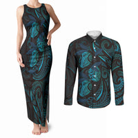 Hawaiian Mango Tribal Tattoo Couples Matching Tank Maxi Dress and Long Sleeve Button Shirt Teal Pacific Traditional Pattern LT9 Teal - Polynesian Pride