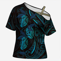Hawaiian Mango Tribal Tattoo Cross Shoulder Shirt Teal Pacific Traditional Pattern LT9 Female Teal - Polynesian Pride