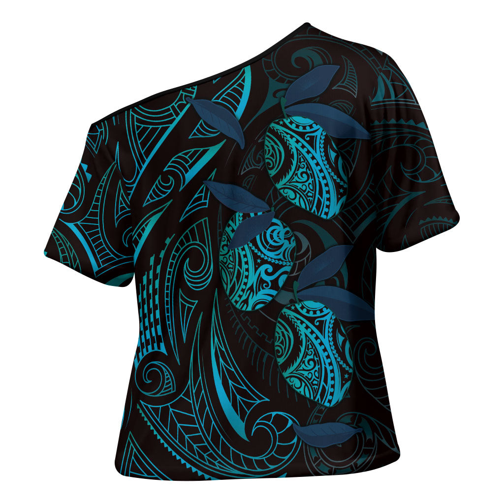 Hawaiian Mango Tribal Tattoo Cross Shoulder Shirt Teal Pacific Traditional Pattern LT9 - Polynesian Pride