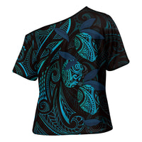 Hawaiian Mango Tribal Tattoo Cross Shoulder Shirt Teal Pacific Traditional Pattern LT9 - Polynesian Pride