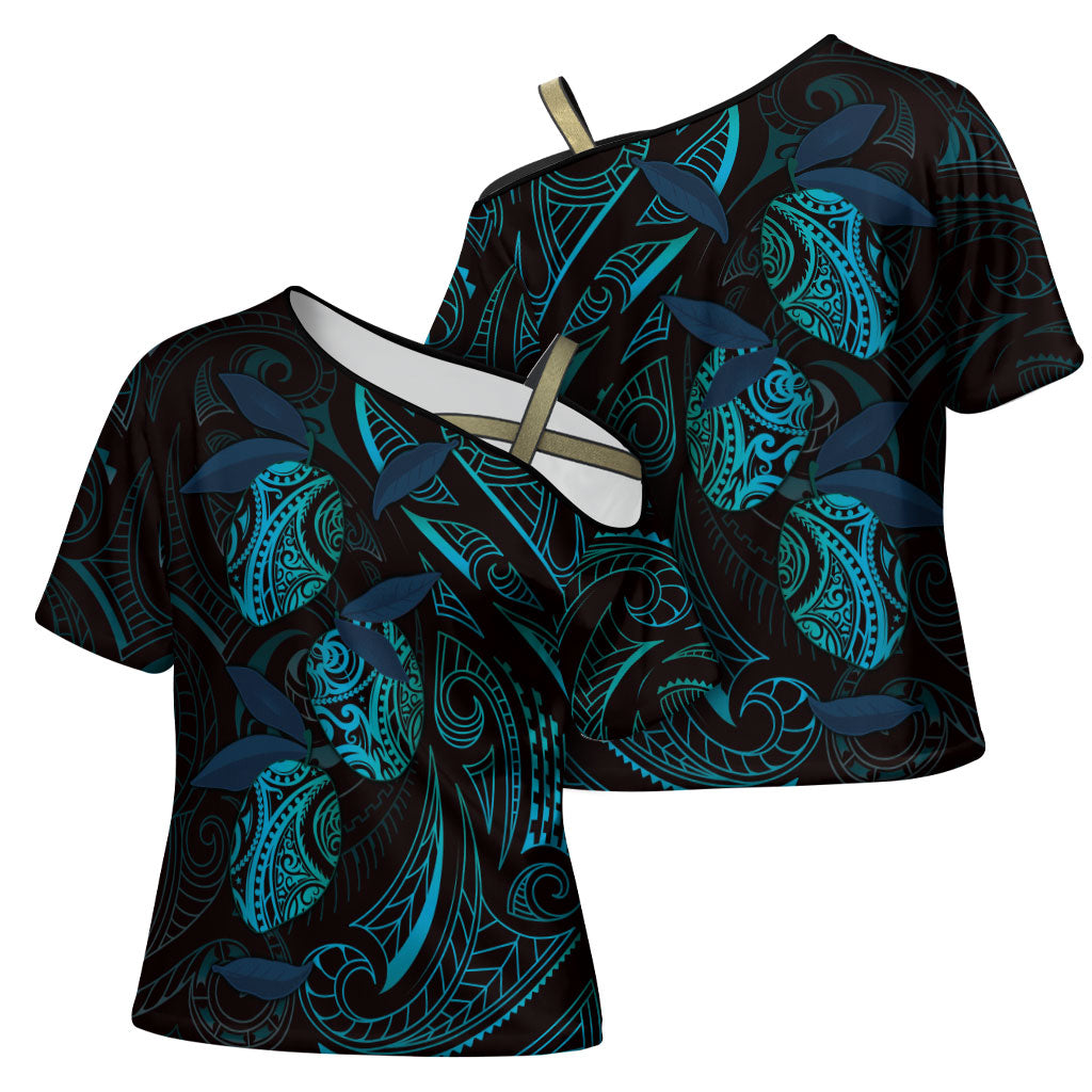 Hawaiian Mango Tribal Tattoo Cross Shoulder Shirt Teal Pacific Traditional Pattern LT9 - Polynesian Pride