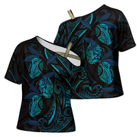 Hawaiian Mango Tribal Tattoo Cross Shoulder Shirt Teal Pacific Traditional Pattern LT9 - Polynesian Pride