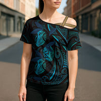 Hawaiian Mango Tribal Tattoo Cross Shoulder Shirt Teal Pacific Traditional Pattern LT9 - Polynesian Pride