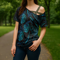 Hawaiian Mango Tribal Tattoo Cross Shoulder Shirt Teal Pacific Traditional Pattern LT9 - Polynesian Pride