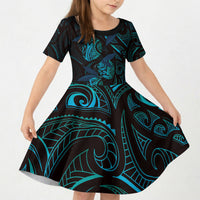 Hawaiian Mango Tribal Tattoo Kid Short Sleeve Dress Teal Pacific Traditional Pattern LT9 KID Teal - Polynesian Pride