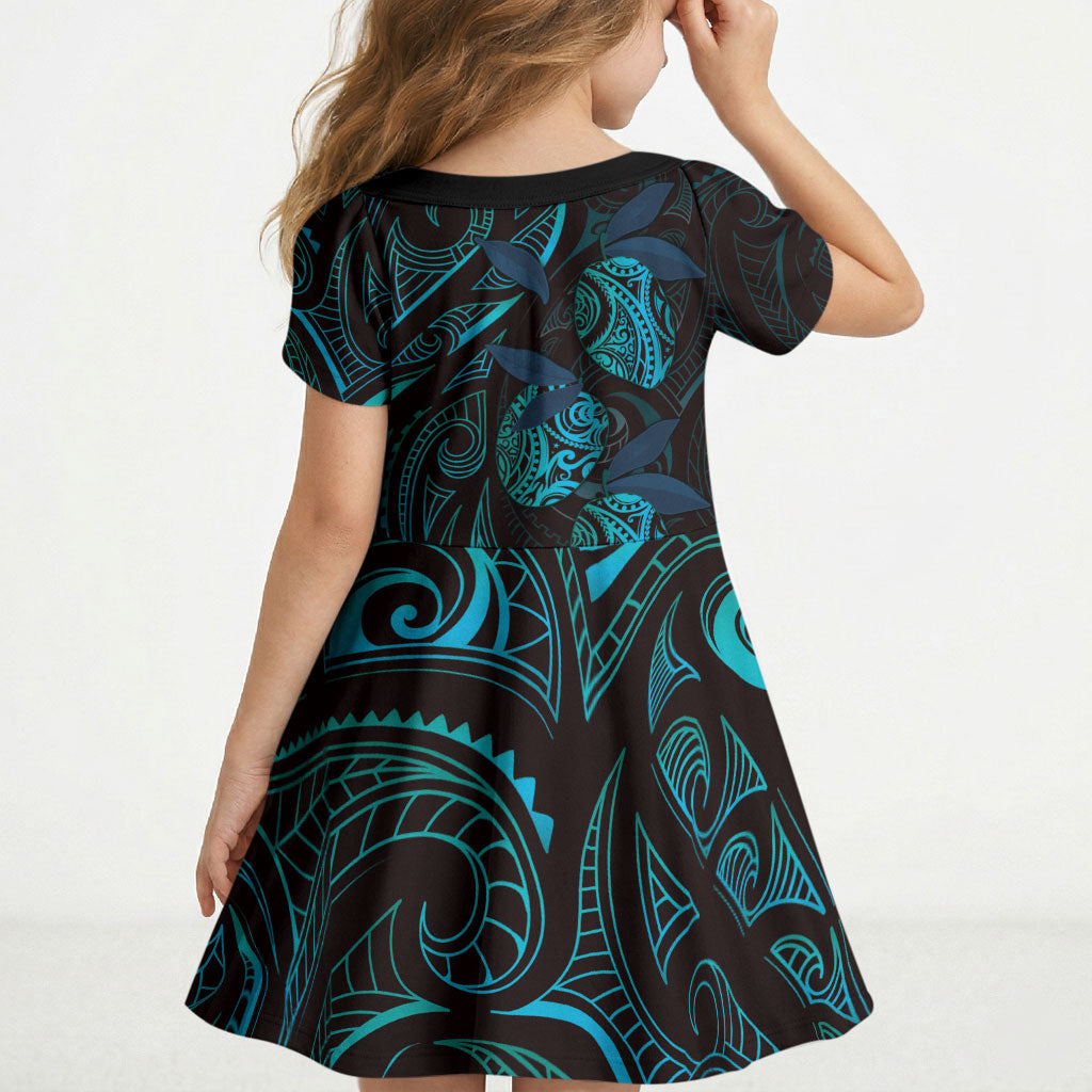 Hawaiian Mango Tribal Tattoo Kid Short Sleeve Dress Teal Pacific Traditional Pattern LT9 - Polynesian Pride