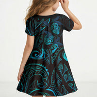 Hawaiian Mango Tribal Tattoo Kid Short Sleeve Dress Teal Pacific Traditional Pattern LT9 - Polynesian Pride
