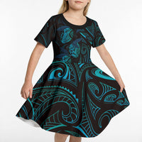 Hawaiian Mango Tribal Tattoo Kid Short Sleeve Dress Teal Pacific Traditional Pattern LT9 - Polynesian Pride