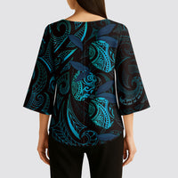 Hawaiian Mango Tribal Tattoo Kimono Sleeve Blouse Teal Pacific Traditional Pattern LT9 - Polynesian Pride