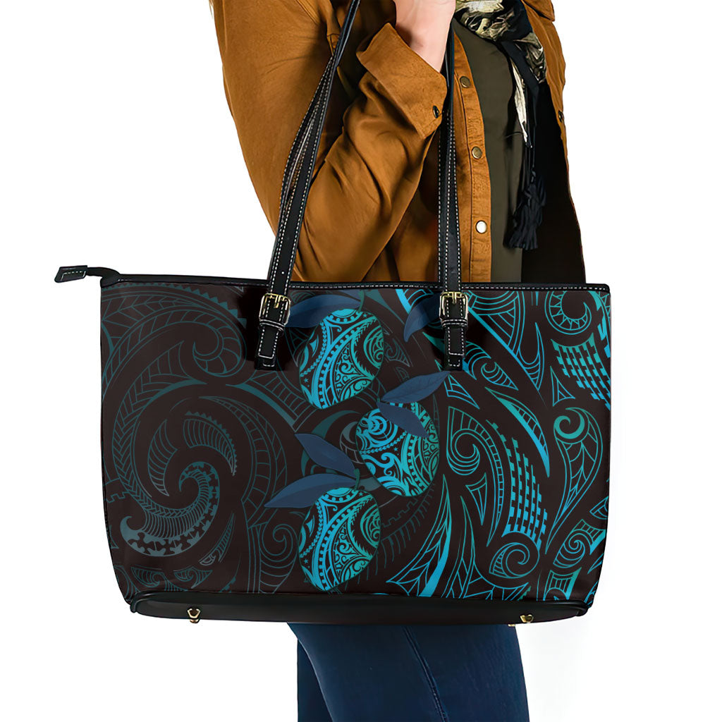 Hawaiian Mango Tribal Tattoo Leather Tote Bag Teal Pacific Traditional Pattern LT9 - Polynesian Pride