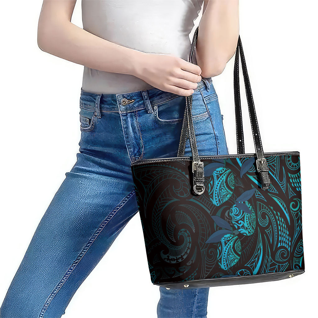 Hawaiian Mango Tribal Tattoo Leather Tote Bag Teal Pacific Traditional Pattern LT9 - Polynesian Pride