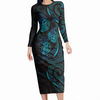 Hawaiian Mango Tribal Tattoo Long Sleeve Bodycon Dress Teal Pacific Traditional Pattern LT9 Long Dress Teal - Polynesian Pride