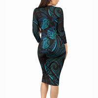 Hawaiian Mango Tribal Tattoo Long Sleeve Bodycon Dress Teal Pacific Traditional Pattern LT9 - Polynesian Pride