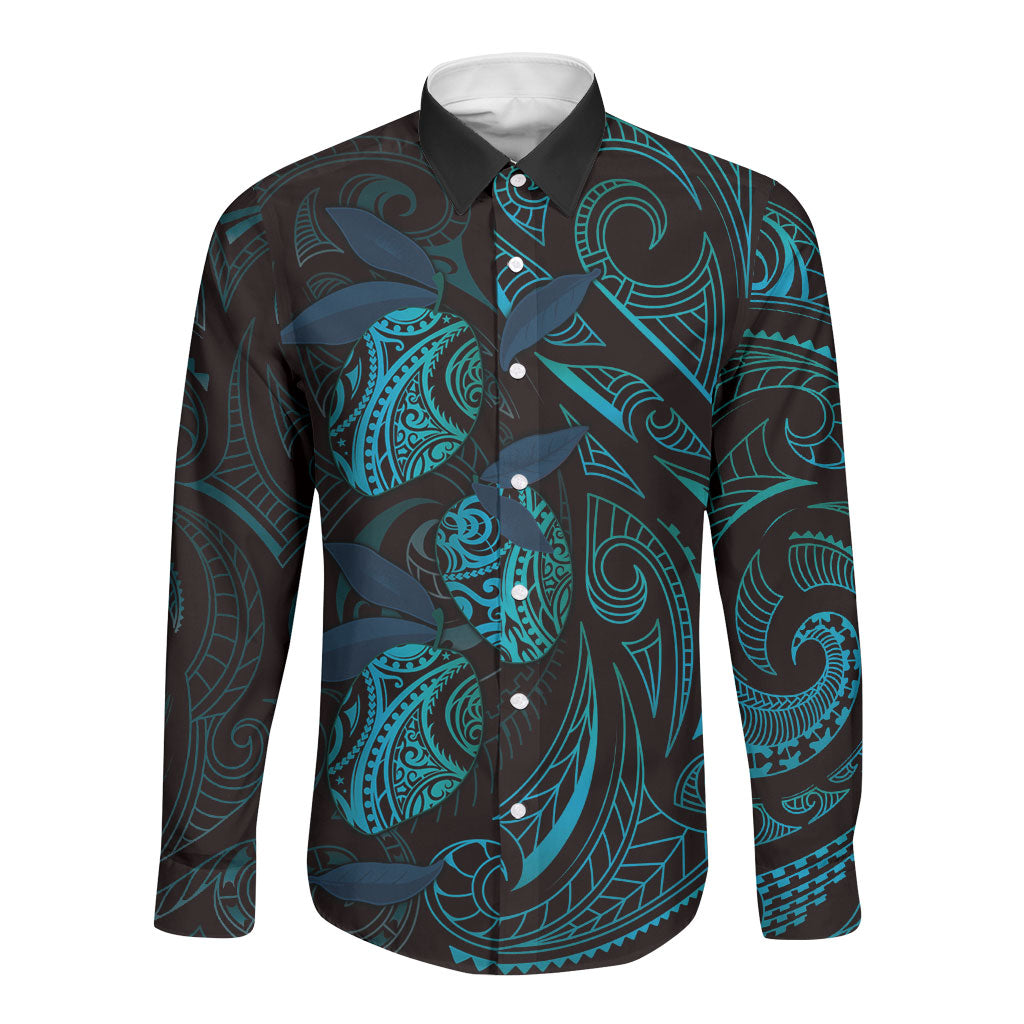 Hawaiian Mango Tribal Tattoo Long Sleeve Button Shirt Teal Pacific Traditional Pattern LT9 Unisex Teal - Polynesian Pride