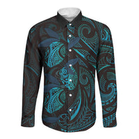 Hawaiian Mango Tribal Tattoo Long Sleeve Button Shirt Teal Pacific Traditional Pattern LT9 Unisex Teal - Polynesian Pride