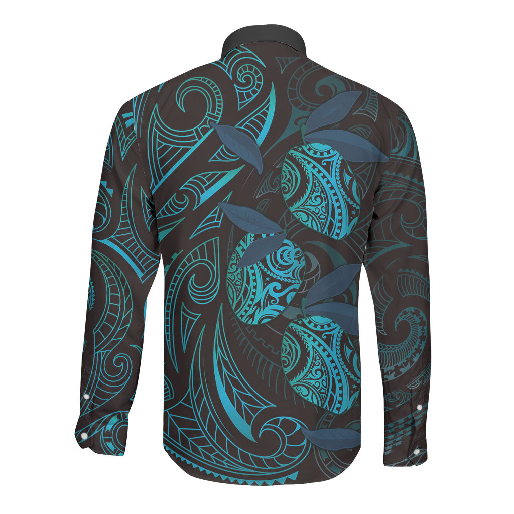 Hawaiian Mango Tribal Tattoo Long Sleeve Button Shirt Teal Pacific Traditional Pattern LT9 - Polynesian Pride