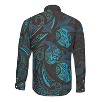 Hawaiian Mango Tribal Tattoo Long Sleeve Button Shirt Teal Pacific Traditional Pattern LT9 - Polynesian Pride