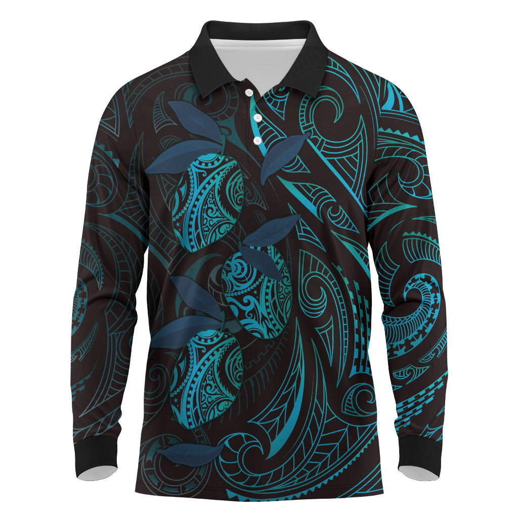 Hawaiian Mango Tribal Tattoo Long Sleeve Polo Shirt Teal Pacific Traditional Pattern LT9 Teal - Polynesian Pride