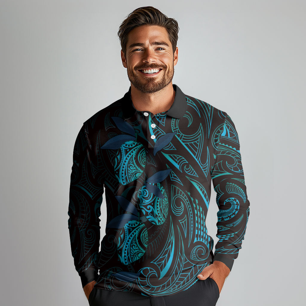 Hawaiian Mango Tribal Tattoo Long Sleeve Polo Shirt Teal Pacific Traditional Pattern LT9 - Polynesian Pride