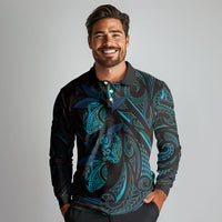 Hawaiian Mango Tribal Tattoo Long Sleeve Polo Shirt Teal Pacific Traditional Pattern LT9 - Polynesian Pride