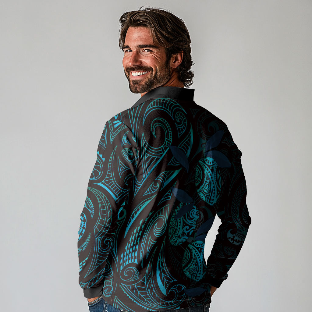 Hawaiian Mango Tribal Tattoo Long Sleeve Polo Shirt Teal Pacific Traditional Pattern LT9 - Polynesian Pride