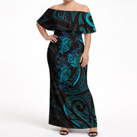 Hawaiian Mango Tribal Tattoo Off Shoulder Maxi Dress Teal Pacific Traditional Pattern LT9 Women Teal - Polynesian Pride
