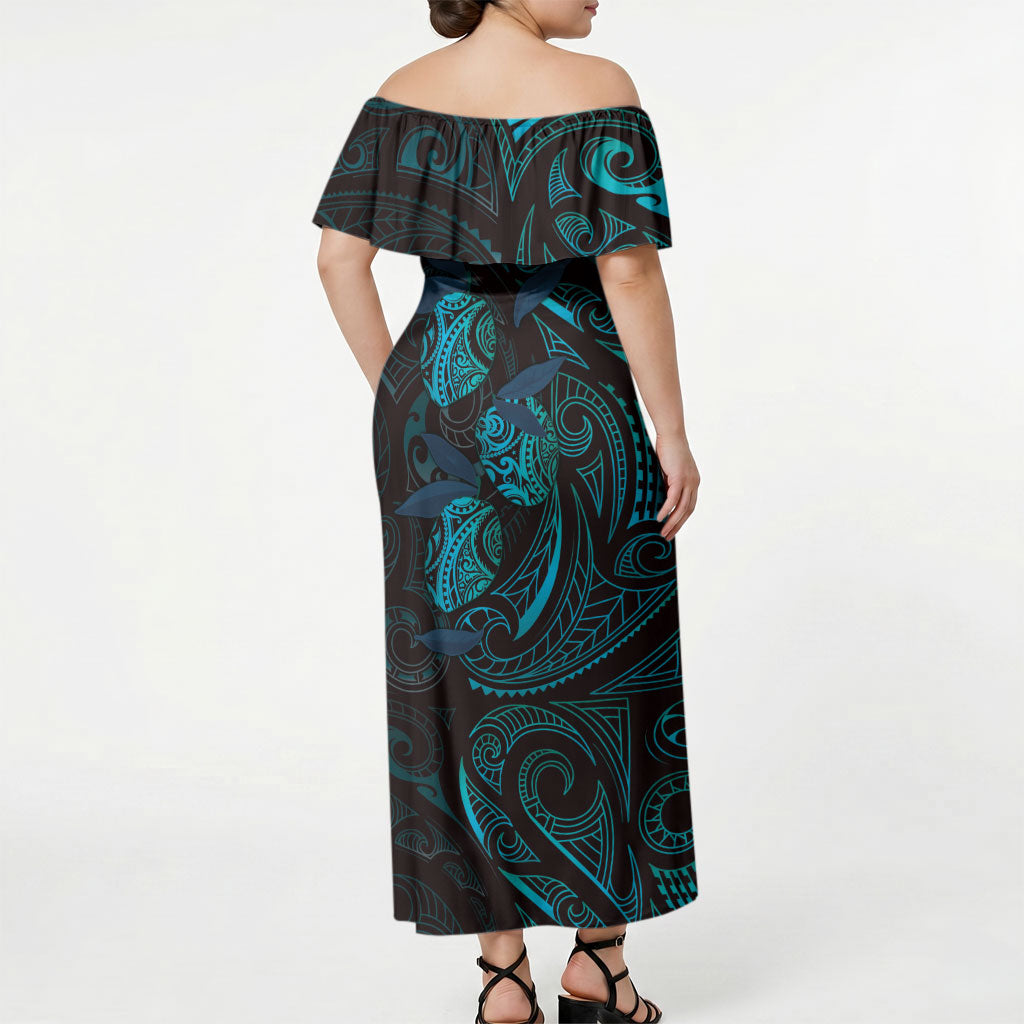 Hawaiian Mango Tribal Tattoo Off Shoulder Maxi Dress Teal Pacific Traditional Pattern LT9 - Polynesian Pride