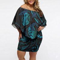 Hawaiian Mango Tribal Tattoo Off Shoulder Short Dress Teal Pacific Traditional Pattern LT9 Women Teal - Polynesian Pride