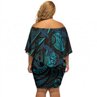 Hawaiian Mango Tribal Tattoo Off Shoulder Short Dress Teal Pacific Traditional Pattern LT9 - Polynesian Pride
