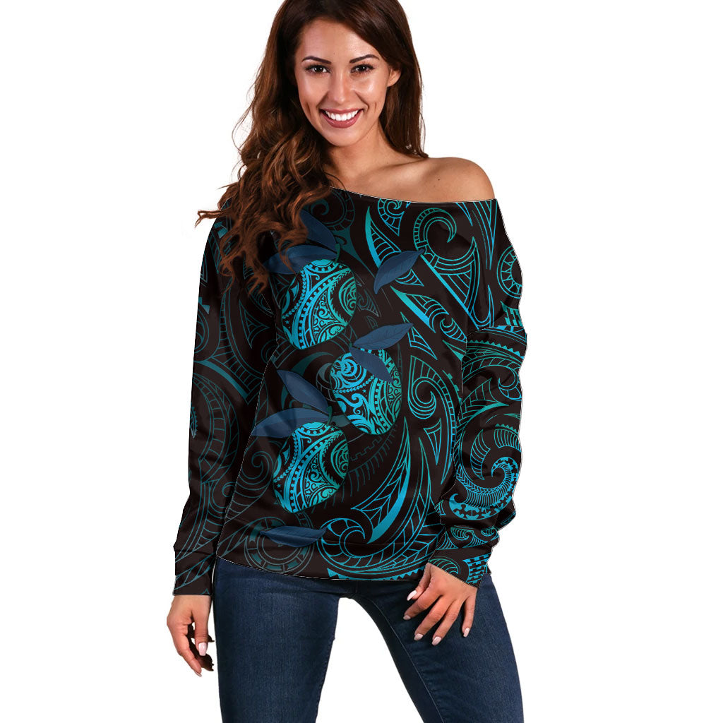 Hawaiian Mango Tribal Tattoo Off Shoulder Sweater Teal Pacific Traditional Pattern LT9 Women Teal - Polynesian Pride