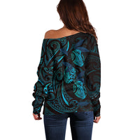 Hawaiian Mango Tribal Tattoo Off Shoulder Sweater Teal Pacific Traditional Pattern LT9 - Polynesian Pride