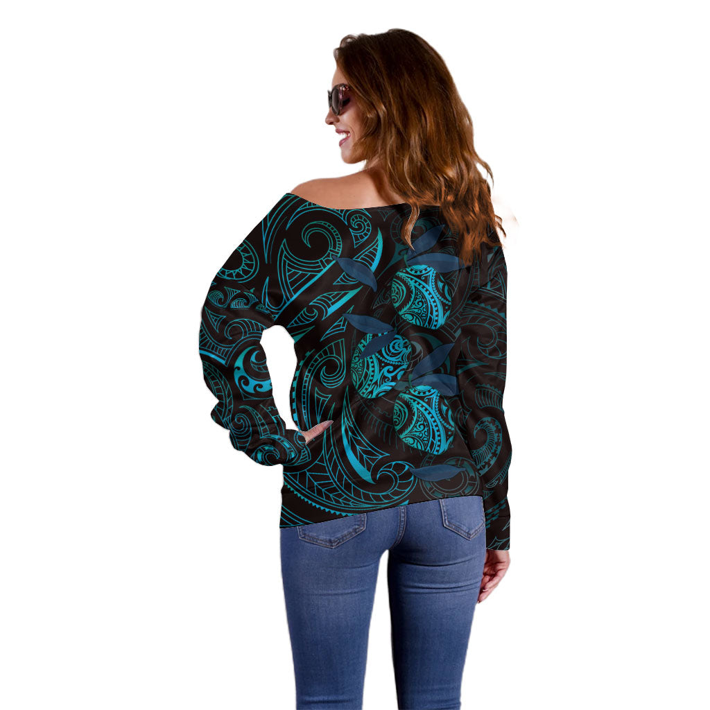 Hawaiian Mango Tribal Tattoo Off Shoulder Sweater Teal Pacific Traditional Pattern LT9 - Polynesian Pride