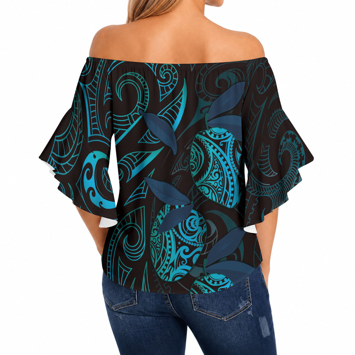 Hawaiian Mango Tribal Tattoo Off Shoulder Wrap Waist Top Teal Pacific Traditional Pattern LT9 - Polynesian Pride