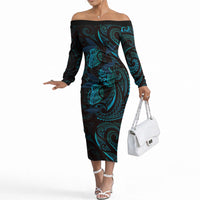 Hawaiian Mango Tribal Tattoo Off The Shoulder Long Sleeve Dress Teal Pacific Traditional Pattern LT9 Women Teal - Polynesian Pride