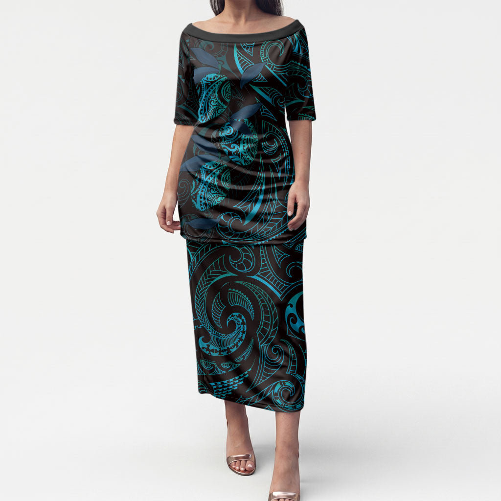 Hawaiian Mango Tribal Tattoo Puletasi Teal Pacific Traditional Pattern LT9 Long Dress Teal - Polynesian Pride