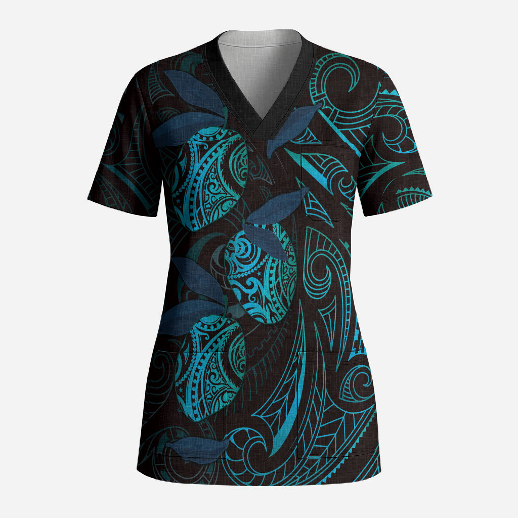 Hawaiian Mango Tribal Tattoo Scrub Top Teal Pacific Traditional Pattern LT9 Adult Teal - Polynesian Pride