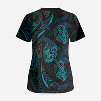 Hawaiian Mango Tribal Tattoo Scrub Top Teal Pacific Traditional Pattern LT9 - Polynesian Pride